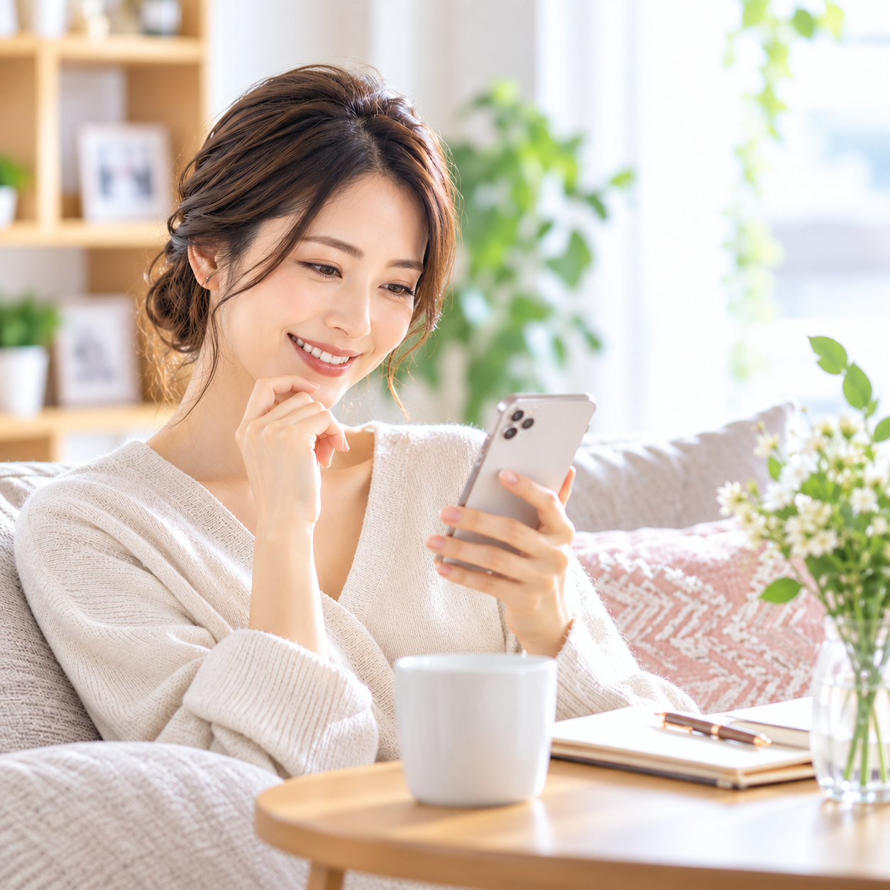 スマートフォンを見ながら微笑む女性