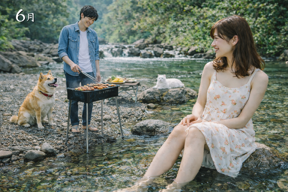川でのバーベキューとペットたち