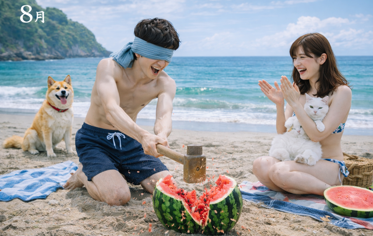 ビーチでスイカ割りと応援